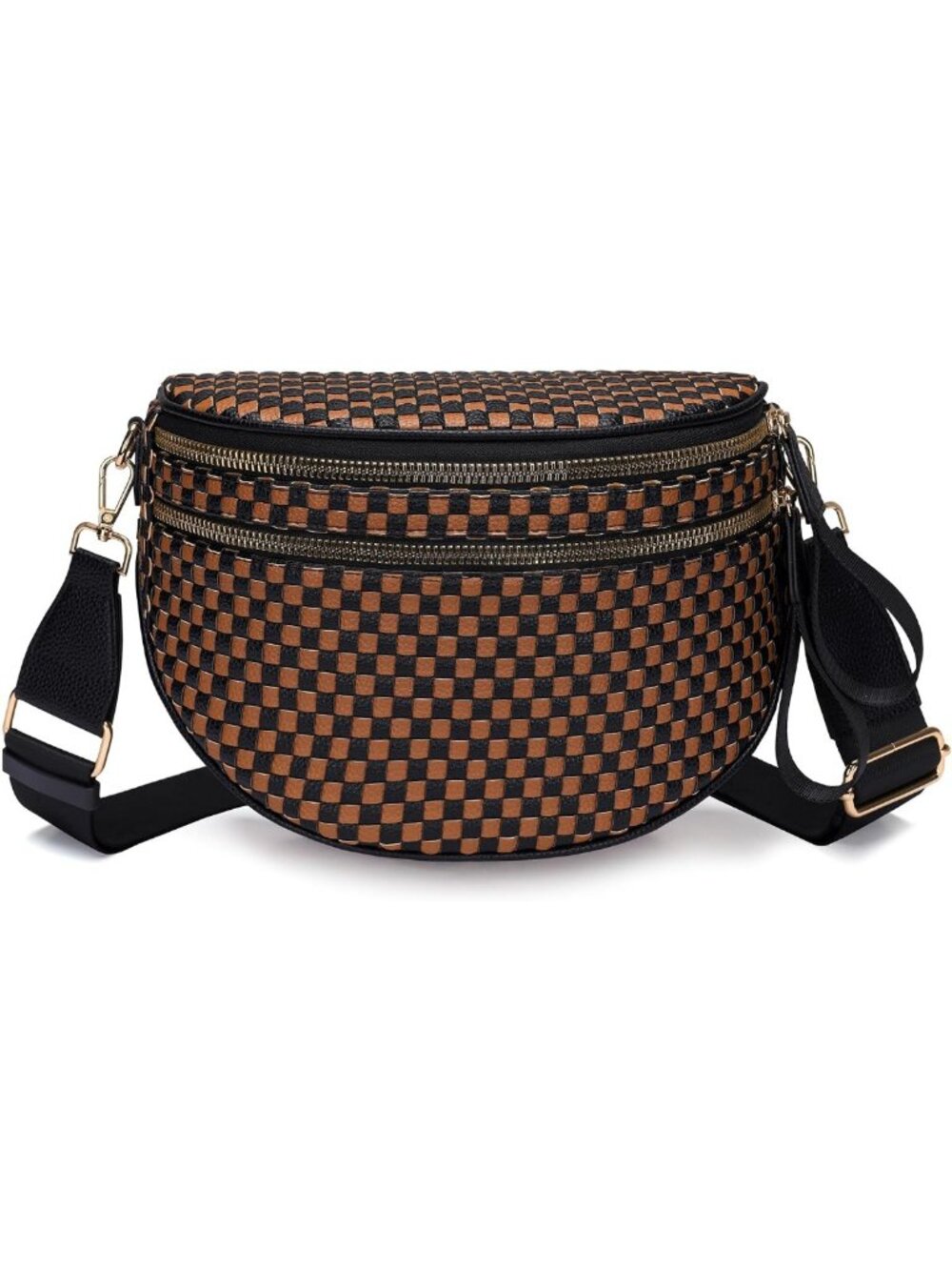 Trendy Checkered Woven Crossbody Bum Bag - Vegan Leather Double Zip Sling Purse